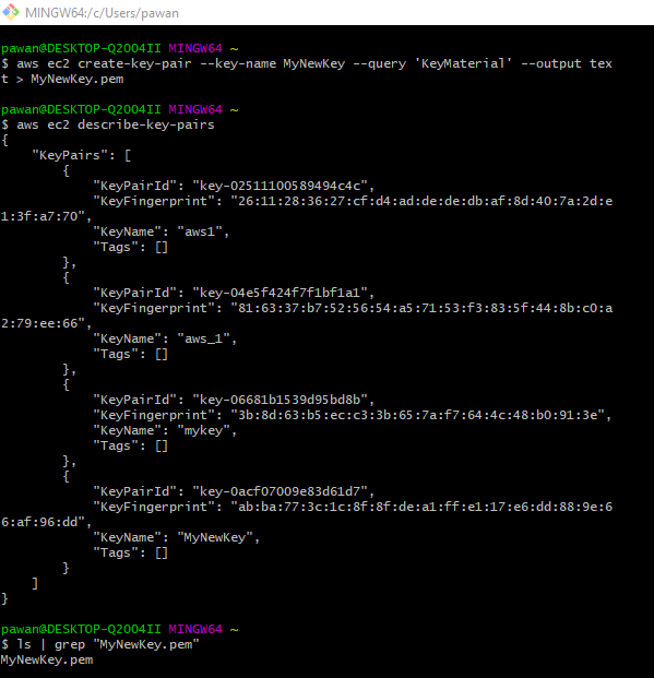 AWS CLI Showing the New Key Pair Created